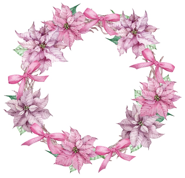 Aquarela de Natal e feliz ano novo cor de rosa Poinsétia grinalda. Quadro de círculo decorativo de Natal de flores com arcos isolados no fundo branco.