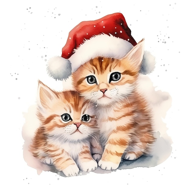 Aquarela de Natal um lindo casal de gatinhos em fundo branco