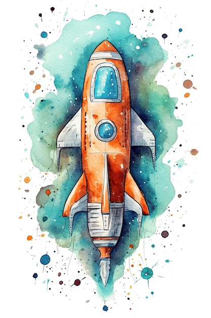 Aquarela de nave espacial fofa isolada em fundo branco com IA generativa