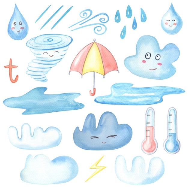 Aquarela de outono se. Conjunto de nuvens azuis e brancas, guarda-chuva, gotas de chuva, vento