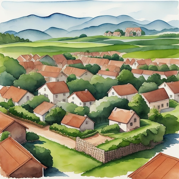 Aquarela de paisagem de aldeia