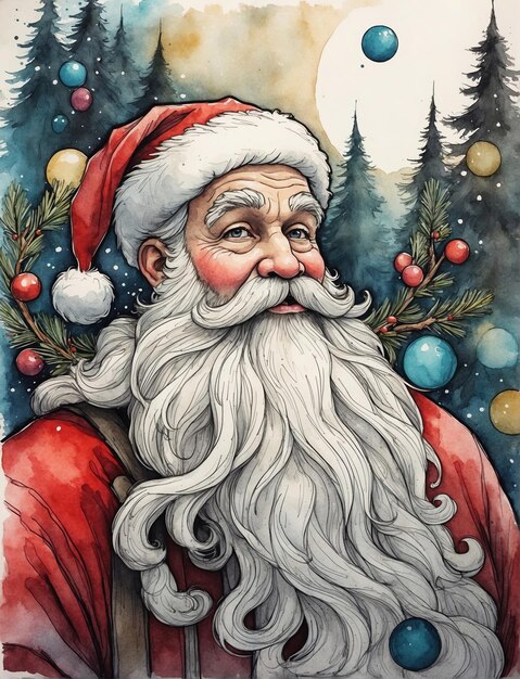 Aquarela de Papai Noel com Árvore Festiva 4