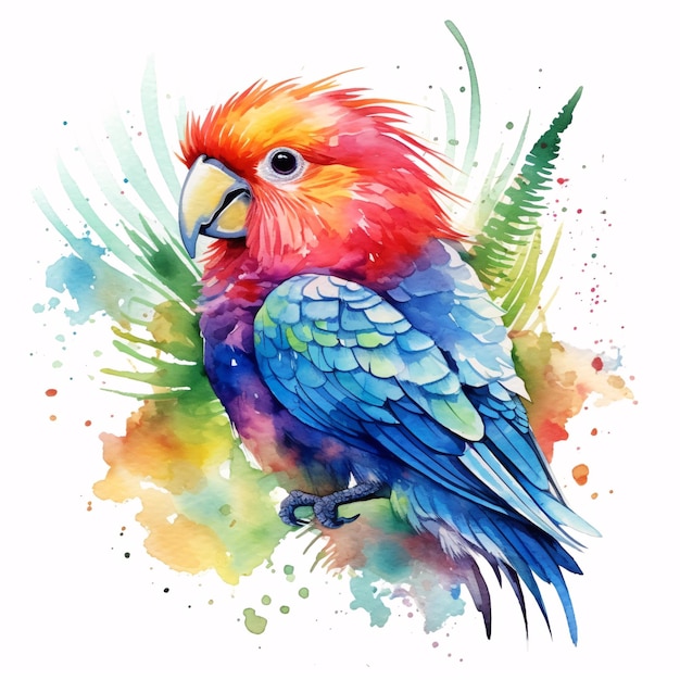 Aquarela de pássaro colorido trópico Ilustração de pássaro papagaio bonito Generative Ai