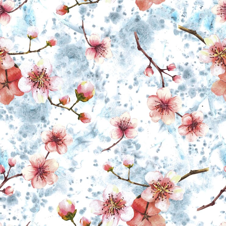 Foto aquarela de primavera florescendo ramo de árvore sakura ou brotos de cereja flores padrão sem costura em