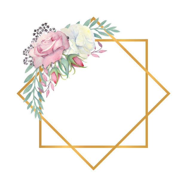 Aquarela de rosas brancas e rosa flores, folhas verdes, bagas em uma moldura dourada em forma de diamante