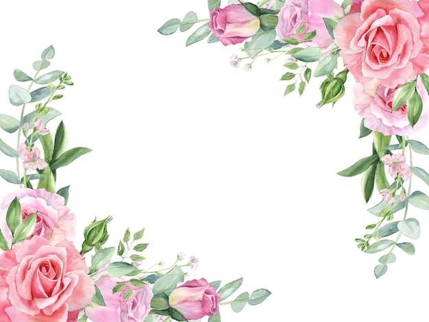 Aquarela de rosas cor-de-rosa e eucalipto verde na borda do canto