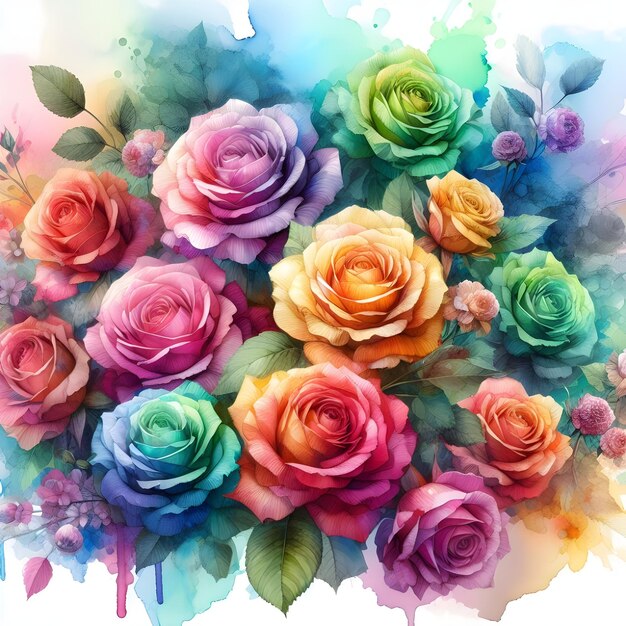 Aquarela de rosas cor do arco-íris em hd