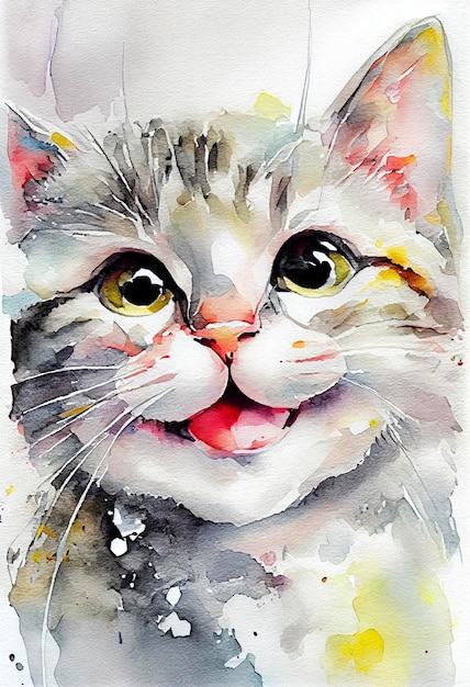 aquarela de rosto de gato bebê sorridente