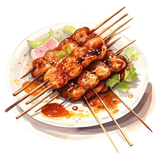 Aquarela de Satay, uma comida de rua popular na Ásia, apresentando pinturas de beleza, arte, culinária