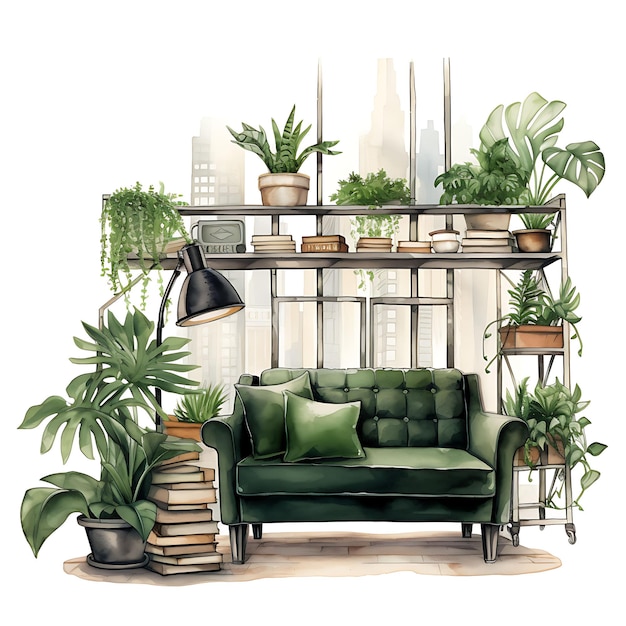 Aquarela de selva urbana loft uma exuberante selva urbana com tema R em fundo branco com lugar aconchegante