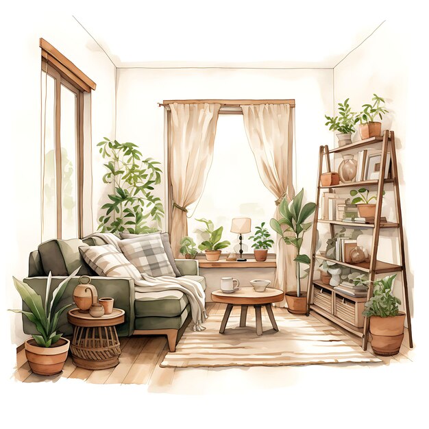 Aquarela de tranquilidade em tons de terra, um quarto com Hu natural em fundo branco com lugar aconchegante