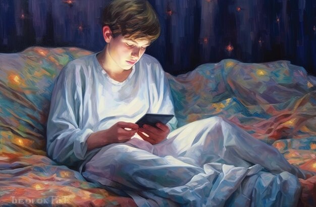 aquarela de um adolescente na cama com um telefone celular ou smartphone em seus controles