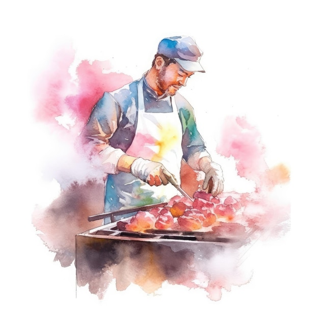 aquarela de um chef com um chapéu de cozinheiro lançando bifes na grelha