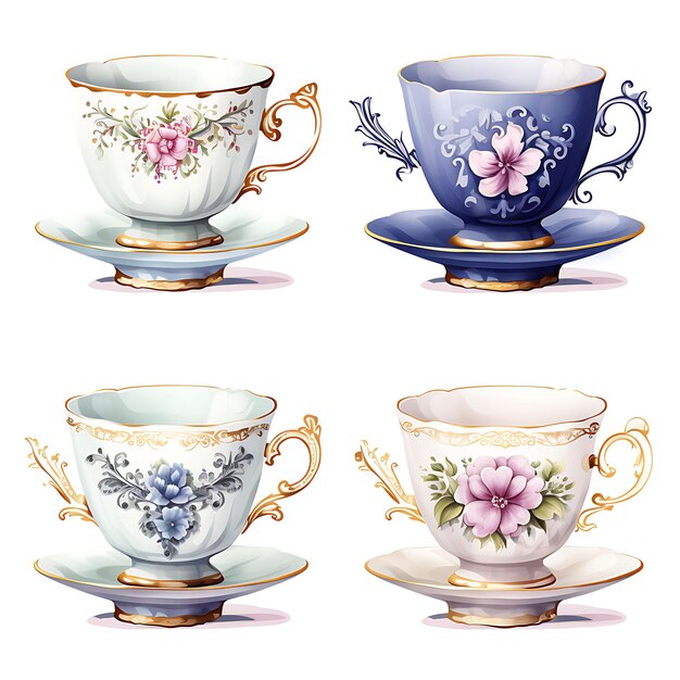 Aquarela de um conjunto de delicadas xícaras de porcelana com detalhes caseiros em fundo branco