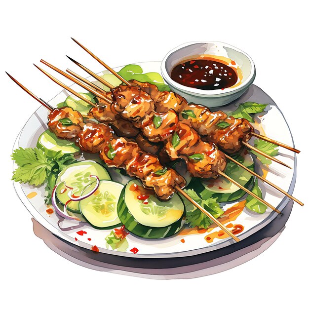 Aquarela de um delicioso prato de satay, popular na Indonésia, pintura de beleza, arte, culinária