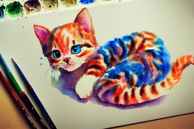 Foto aquarela de um gato fofo animal mão desenhar aquarela