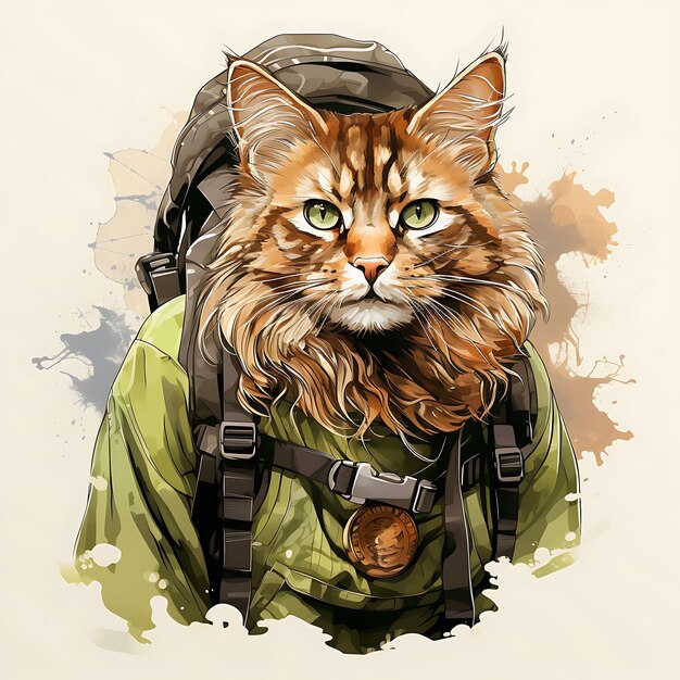 Aquarela de um gato somali com um capacete de safari Equipe de aventura Bussola verde Patrick Day Clipart