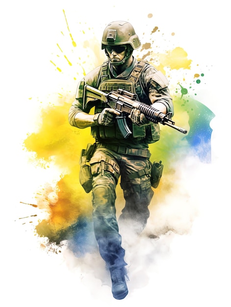 Aquarela de um soldado com sua arma e as cores do Brasil por trás da IA criativa