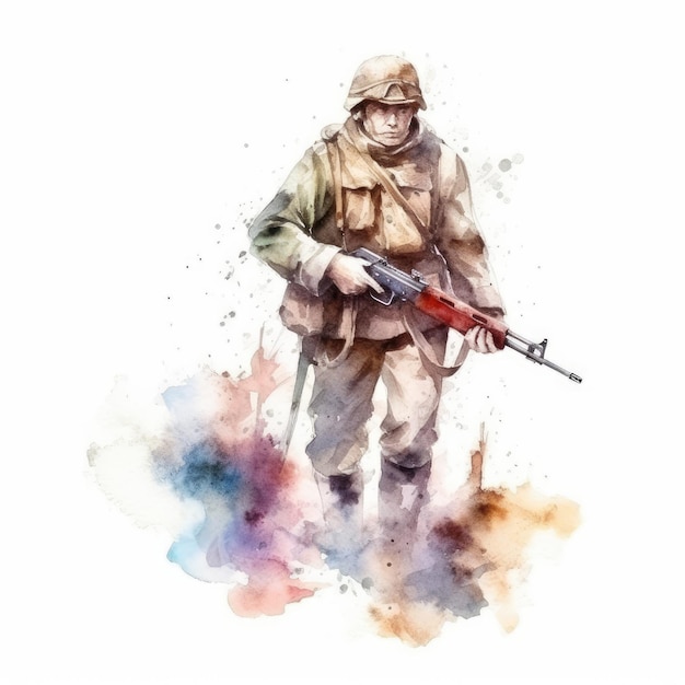 Foto aquarela de um soldado no campo de batalha
