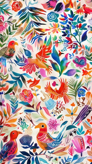 aquarela de um tecido Otomi mexicano desenho figuras de animais e elementos naturais em cores brilhantes