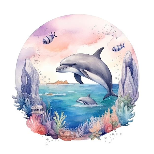 aquarela de uma bela cena do oceano com animais marinhos