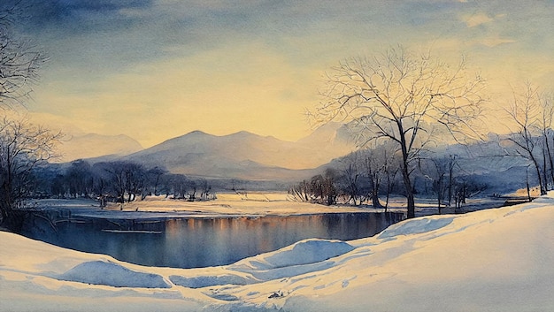 Aquarela de uma bela paisagem de inverno de natal paisagem de inverno aquarela