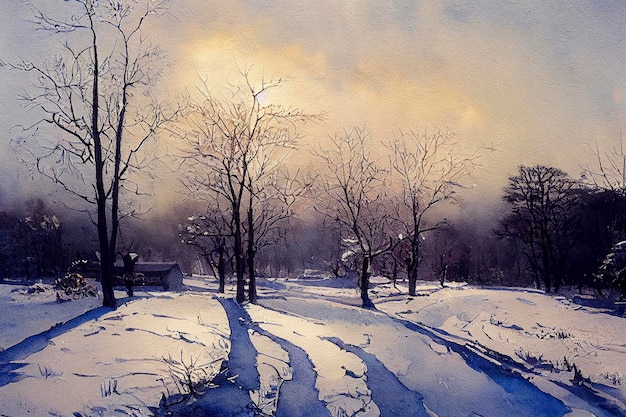 Aquarela de uma bela paisagem de inverno de natal paisagem de inverno aquarela