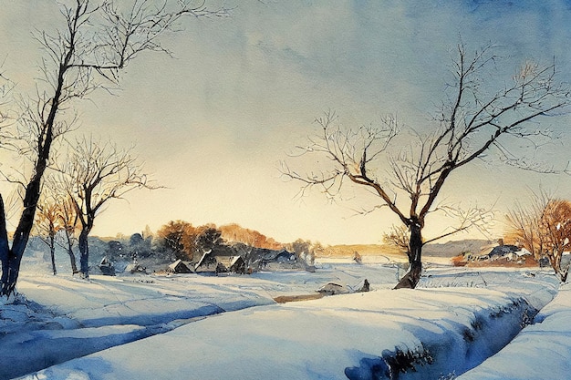 Aquarela de uma bela paisagem de inverno de natal paisagem de inverno aquarela