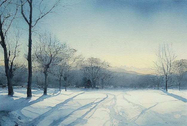 Aquarela de uma bela paisagem de inverno de natal paisagem de inverno aquarela