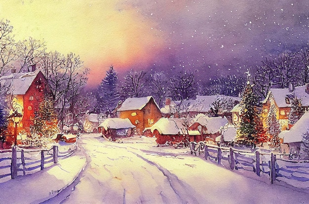 Aquarela de uma bela paisagem de inverno de natal paisagem de inverno aquarela