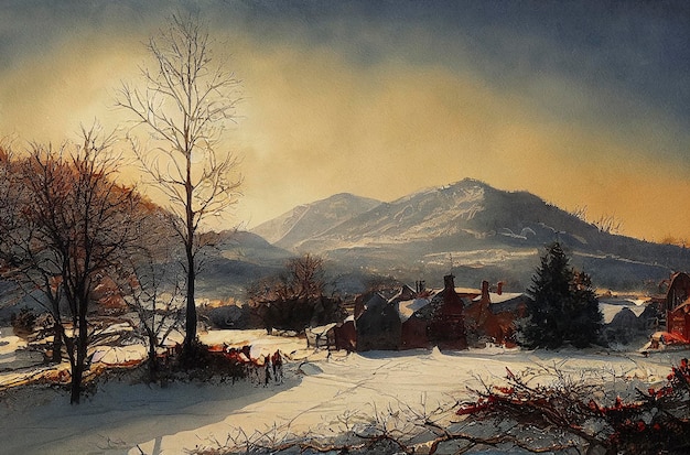 Aquarela de uma bela paisagem de inverno de natal paisagem de inverno aquarela