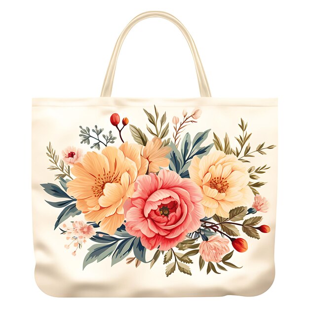 Aquarela de uma bolsa de tecido cosida à mão com um desenho de camiseta clipart retangular com estampa floral