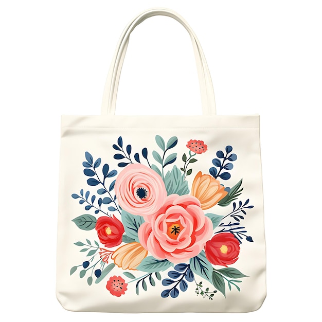 Aquarela de uma bolsa de tecido cosida à mão com um desenho de camiseta clipart retangular com estampa floral