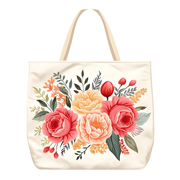 Aquarela de uma bolsa de tecido cosida à mão com um desenho de camiseta clipart retangular com estampa floral