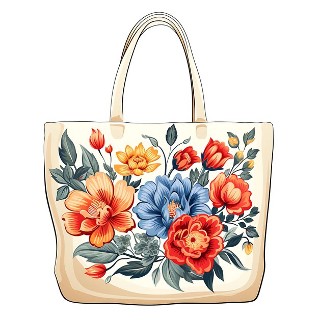 Aquarela de uma bolsa de tecido cosida à mão com um desenho de camiseta clipart retangular com estampa floral