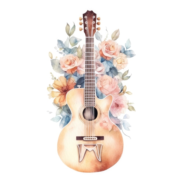 Aquarela de uma guitarra com elementos florais