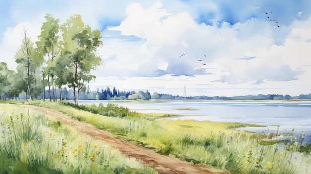 Aquarela de uma paisagem rural com um caminho gramado e um lago