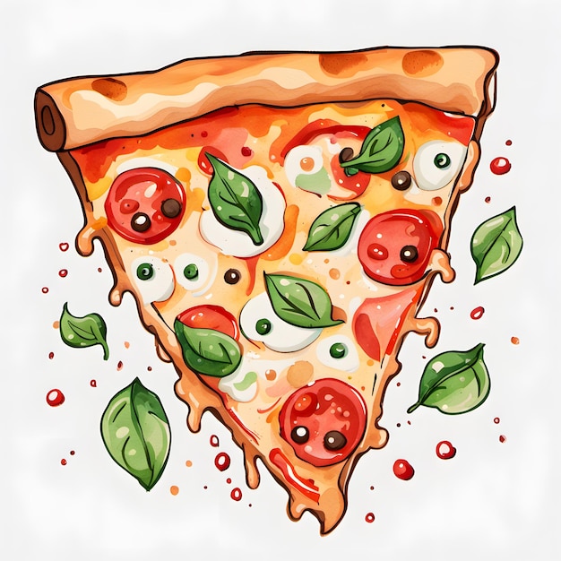 Aquarela, delicioso desenho animado de pizza fofa caseira para ilustração de comida