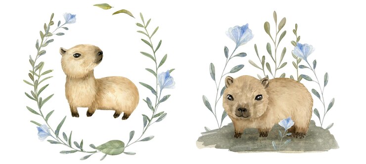 Foto aquarela desenhada à mão animais bonitos baby capybaras set