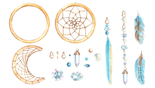 Aquarela desenhada à mão apanha-sonhos com penas azuis cordas de cristais contas de vidro douradas