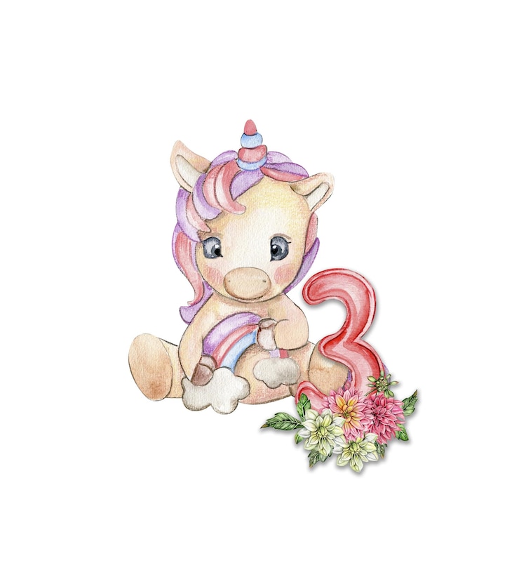 Foto aquarela desenhada à mão bonito pequeno bebê unicórnio com flores dahlia com composição de números