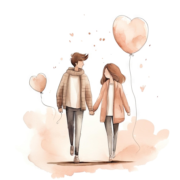 Foto aquarela desenhada à mão casal de desenhos animados de moda em tons pastel neutros rústico minimalista limpo cottagecore fundo isolado branco