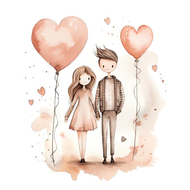 Foto aquarela desenhada à mão casal de desenhos animados de moda em tons pastel neutros rústico minimalista limpo cottagecore fundo isolado branco