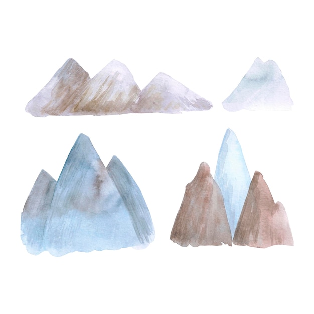 Foto aquarela desenhada à mão paisagem de montanhas azuis e castanhas isoladas em fundo branco pode ser usada para rótulo de cartão postal e outros produtos impressos
