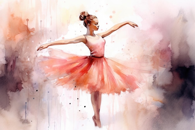 Aquarela desenhando uma bailarina em um vestido vermelho dançando em um fundo claro gerado por IA