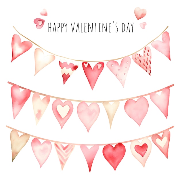 Aquarela Dia dos Namorados coração bunting Valentine fitas Valentine bandeira Valentine coroa em forma de coração