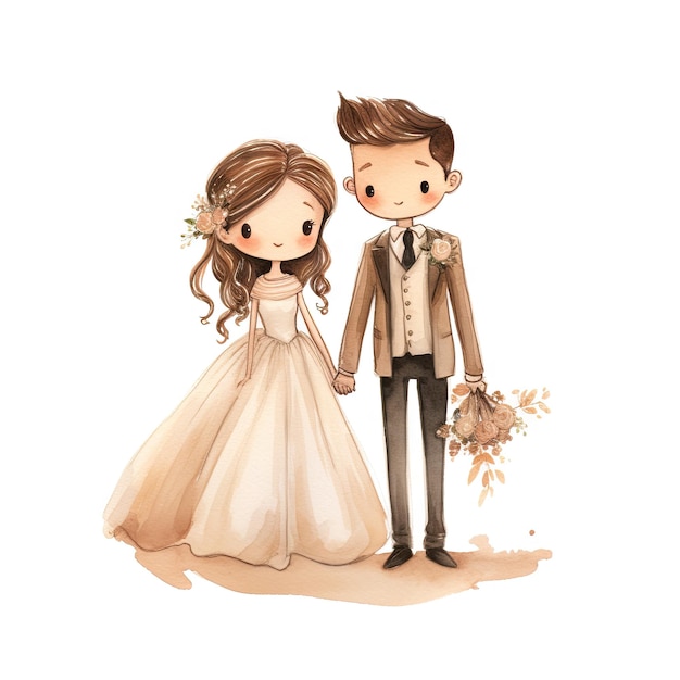 Aquarela dibujada a mano de estilo minimalista de dibujos animados pareja de amantes ceremonia de boda