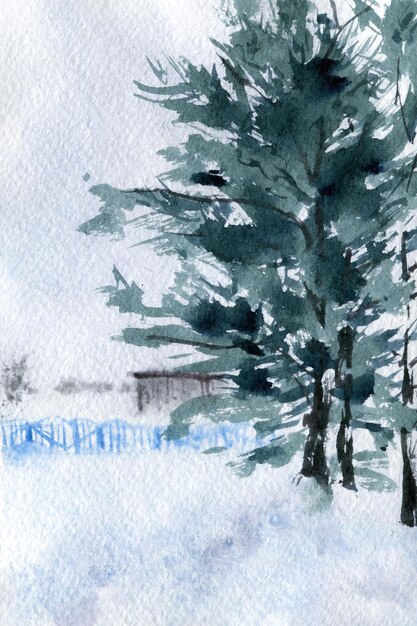 Aquarela dibujada a mano Paisaje de nieve de la aldea de invierno