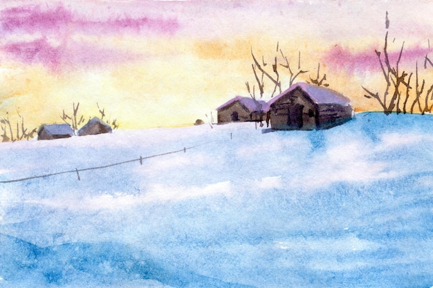 Aquarela dibujada a mano Paisaje de nieve de la aldea de invierno