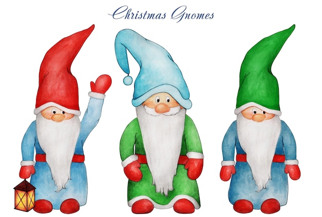 Aquarela dibujada a mano tres gnomos navideños con gran barba y nariz agitando una linterna de mano aislados sobre un fondo blanco Ilustración de Feliz Año Nuevo y Navidad para invitación de tarjeta de felicitación